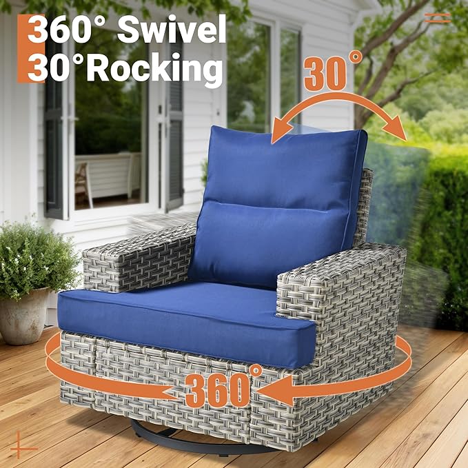 ovios 8 Piece Patio Sectional Furniture with Swivel Rocking Chairs, Rattan Wicker Coversation Set with Glowing Coffee Table, Outdoor Sofa Set for Outside Porch Balcony Backyard Pool,Navy Blue