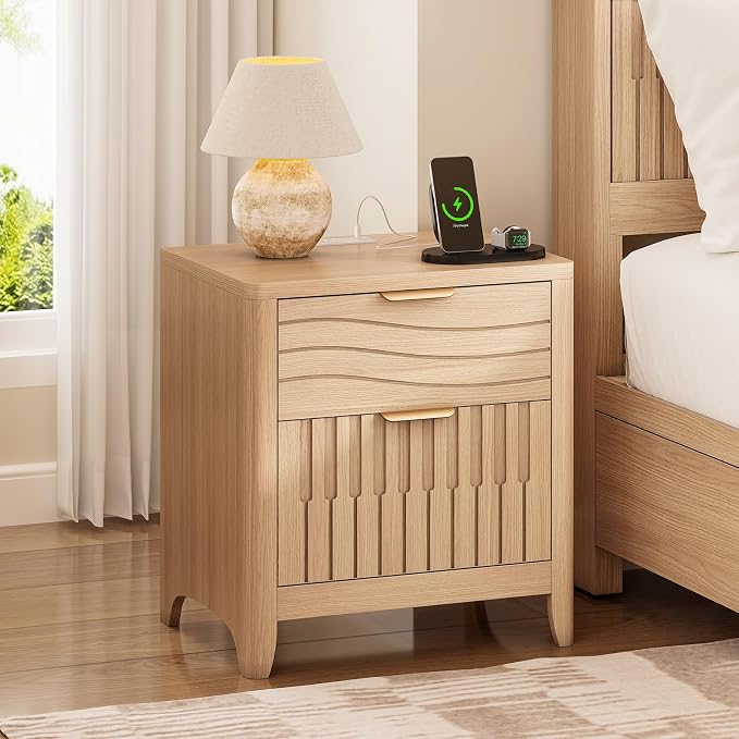 Fluted Nightstand with Charging Station, Modern Bedside Table with 2 Storage Drawers, Curved Corner & Metal Handle, Mid Century Night Stand End Side Table for Bedroom, Natural Oak by Unknown