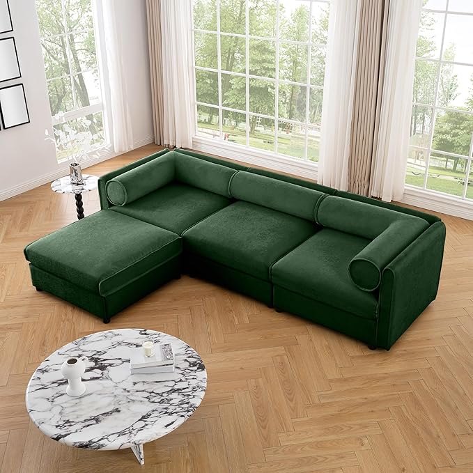 KEIKI 109" L-Shaped Modular Chenille Sectional Sofa with Storage Seat, 1 Ottoman, 3-Seater Couch with Cylindrical Backrest and Armrests, Easy Assembly, for Apartment, Living Room, Green