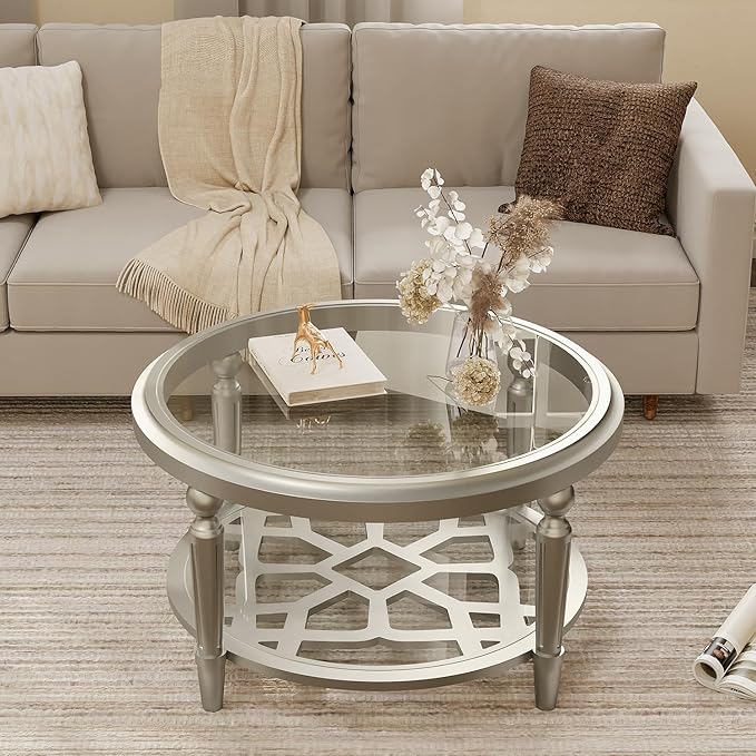 COSIEST 32" Round Glass Coffee Table with Storage, 2-Tier Modern Champagne Center Table for Living Room, Elegant Clear Glass Top Accent Table with Pine Wood Frame, Simple Home Office Furniture