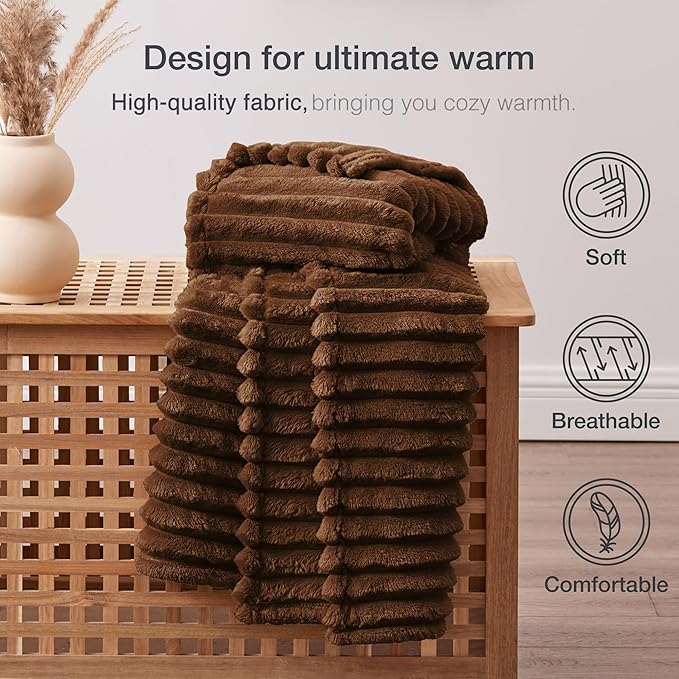 EXQ Home Fleece Throw Blanket for Couch or Bed - 3D Stripe Jacquard Decorative Blankets - 280GSM Cozy Soft Lightweight Fuzzy Flannel Blanket Suitable for All Seasons(50"??60",Brown)