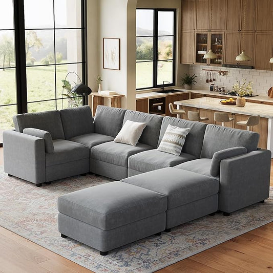 IDEALHOUSE 138" Modular Sectional Sofa, 7 Seater Sectional Couch, U-Shape Modern Sofa with Ottoman, Deep Seat, Oversized Convertible Modular Couch for Living Room Apartment Office, Chenille, Grey