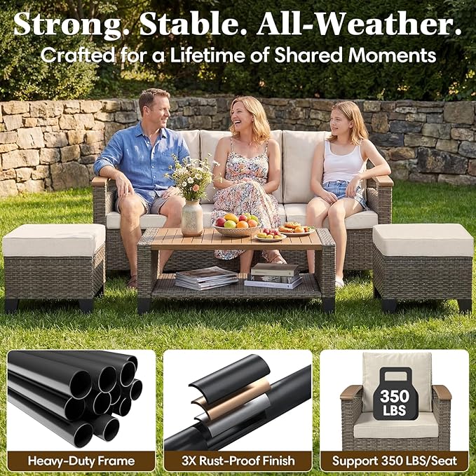 MELLCOM 6 Piece Patio Furniture Set, Wicker Patio Conversation Set with Swivel Glider Chair and 3-Seater Sofa and 2 Ottomans and Side Table for Deck Backyard