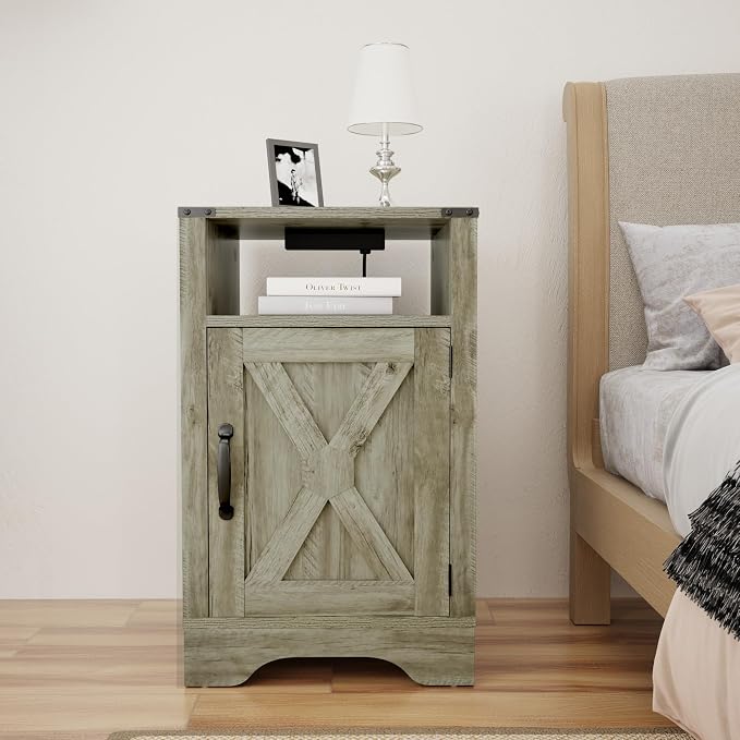 RoyalCraft Farmhouse Nightstand, End Table with Charging Station, Tall Bedside Table with Large Storage Room and Shelf, Wooden Rustic Side Table for Bedroom, Home Office, Light Grey - Image 7