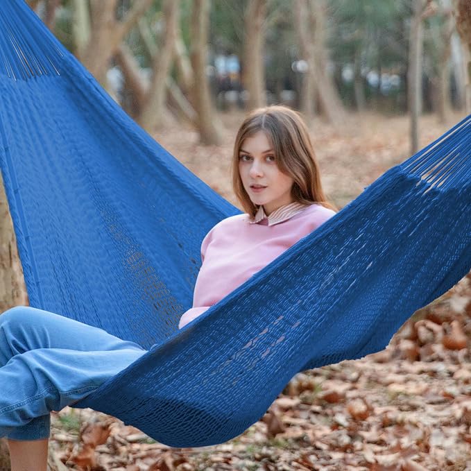 PNAEUT Handwoven Mayan Hammock, Thick Soft Rope Double Hammock for Outdoor Outside & Indoor, 600 lbs Capacity Heavy-Duty, Includes Tree Straps, Carabiners & Carrying Bag (Navy Caribe, X-Large) - Image 2