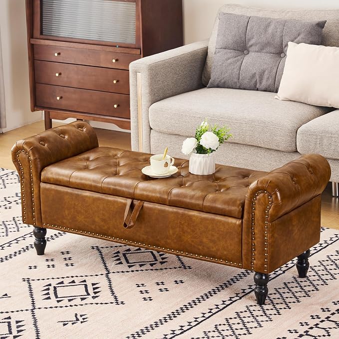 Furniliving Storage Ottoman Bench, Leather Benches End of Bed Bench with Solid Wood Legs Upholstered Ottoman Bench with Storage Indoor Bench for Living Room with Rolled Arm, Entryway, YellowBrown - Image 8