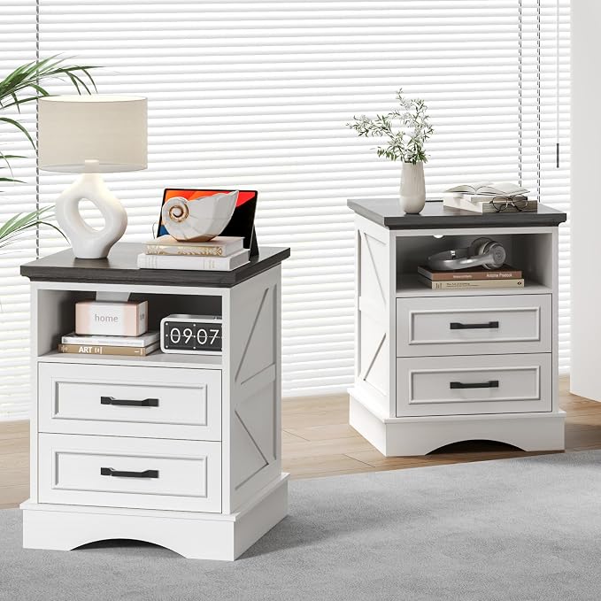 Fluest 24" Tall Farmhouse Nightstand, Night Stand with Fast Charging Station, Beside Tables with Drawers and Open Storage, Rustic End Tables for Bedroom, Antique White - Image 4