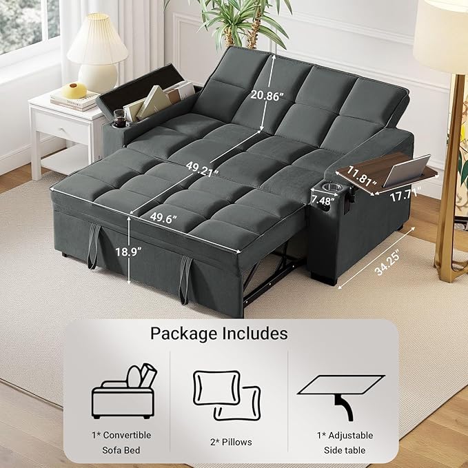 65'' 3-in-1 Sleeper Sofa Bed with Pull-Out Couch & Side Table, Convertible Loveseat with Adjustable Backrest, Velvet Chaise Lounge with USB & Type-C Ports, Dark Grey