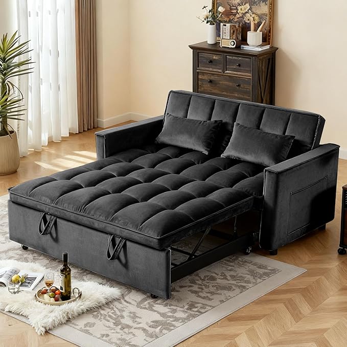 Convertible Sofa Bed, Love Seat Sleeper Bed with Side Pockets, 3 in 1 Velvet Fabric Pull Out Couch with Adjustable Backrest for Living Room, Bedroom, Apartment, Black