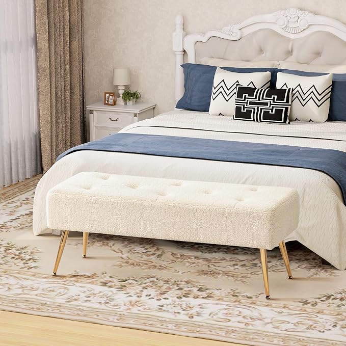 Furnimart Faux Fur Boho Bench Ottoman Upholstered Tufted Bench with Padded Seat, Footrest Foot Stool with Sturdy Metal Leg, for Bedroom Living Room Entryway - Image 4