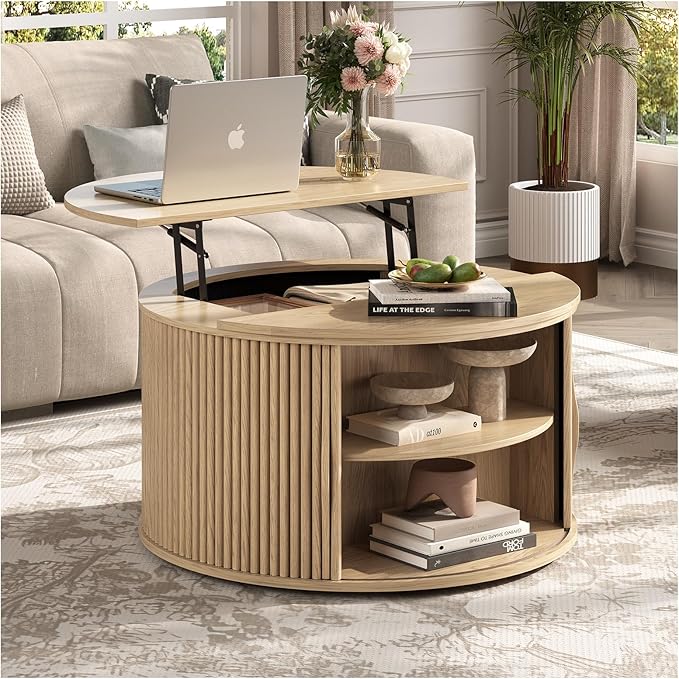 Round Lift Top Coffee Table, 31.5” Mid Century Modern Center Table with Hidden Storage, Fluted Circle Coffee Tables for Living Room, Home Office, Oak