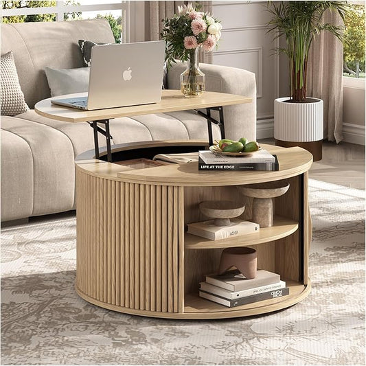 Round Lift Top Coffee Table, 31.5” Mid Century Modern Center Table with Hidden Storage, Fluted Circle Coffee Tables for Living Room, Home Office, Oak