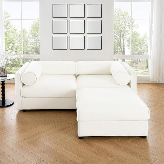 KEIKI 76" Modular Loveseat Chenille Sectional Sofa with Storage Seat and 1 Ottoman, Modern Style 2-Seater Couch with Cylindrical Backrest and Armrests, Easy Assembly, for Apartment, Living Room, White