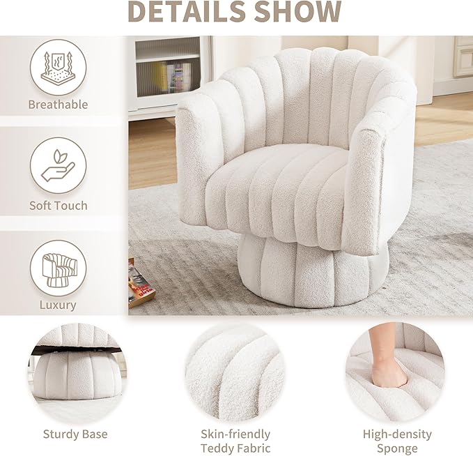 Swivel Accent Barrel Chair Set of 2- Cute Comfy Small Round 360° Arm Chair Teddy Sofa Club Reading Chair for Living Room Bedroom Office White
