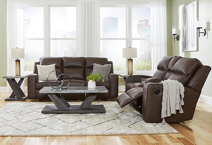 Signature Design by Ashley Lavenhorne Modern Faux Leather Manual Reclining Loveseat with Console and Cup Holders, Dark Brown