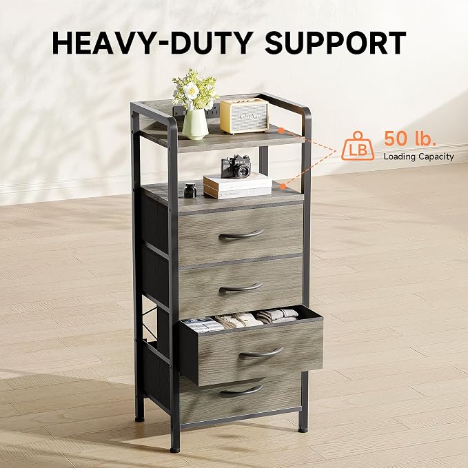 Lazzanto Grey NightStand with Charging Station - Morden Nightstand with USB Ports & AC Outlets, Grey End Table with Storage Shelf & 4 Fabric Drawers, LED Light Strip - Image 6