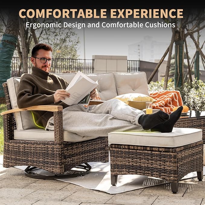MEISSALIVVE 7 Pieces Patio Furniture Sets, PE Wicker Outdoor Conversation Sets with 2 Wood Armrests Swivel Rocker Chairs, 2 Ottomans,2-seat Sofa and Dining Table (Beige)