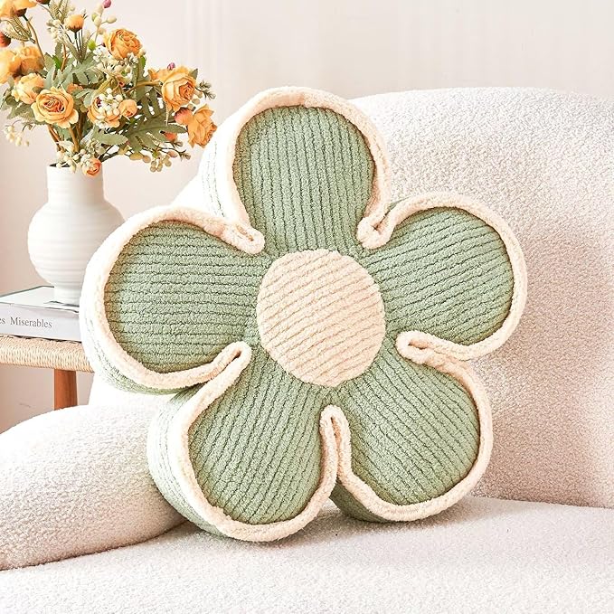 Kcvvcr Flower Pillow, Soft Shaped Floor Cushion, Decorative Throw Pillow, Cute Seating Cushion, Room Decor Plush Pillows for Sofa Couch Bed (17.7 Inch, Sage Green)