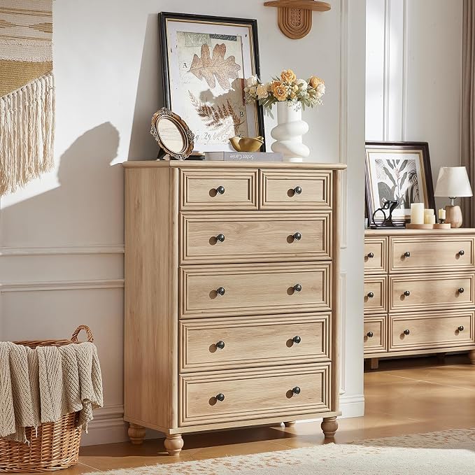 RWYHG Farmhouse 6 Drawer Dresser Set of 2, Natural Chest of Drawers, 43.5" Tall Dressers for Bedroom with Roman Column and Metal Handles, Wood Storage Organizer for Living Room, Hallway, Closet - Image 3