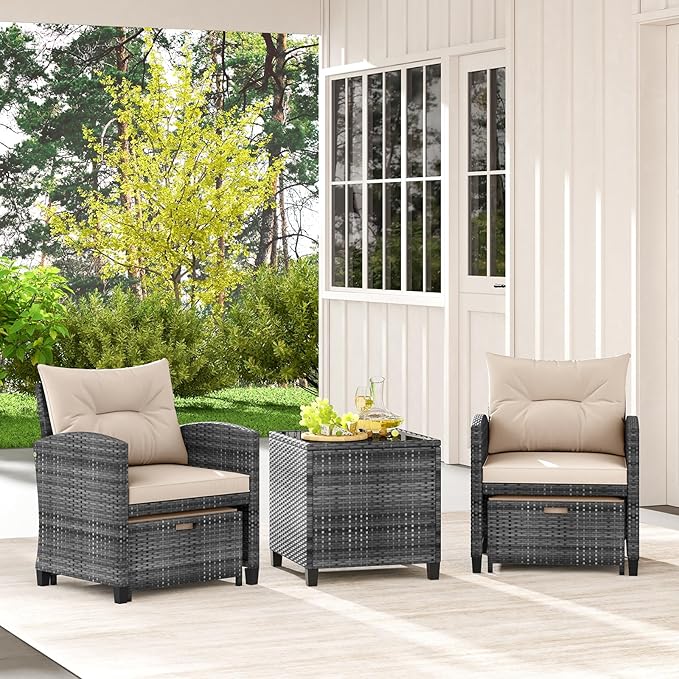 Tangkula 5 Pieces Patio Conversation Set, PE Wicker Rattan Outdoor Furniture Set with 2 Chairs, 2 Ottomans & Tempered Glass Coffee Table, Ideal for Poolside, Backyard, Lawn, Deck, Mix Grey & Beige
