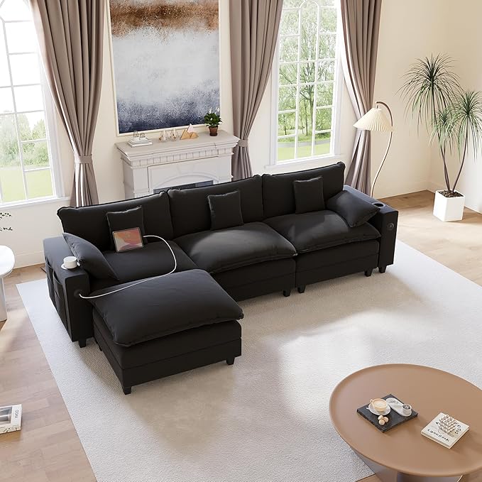 116" Modular Sectional Sofa, L Shaped Cloud Couch with Movable Ottoman, Chenille Deep Seat Cloud Sofa with Charging Station, Cup Holder, Side Pocket, Sectional Couches for Living Room, Black