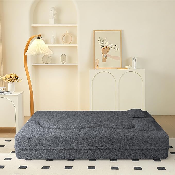 78" Convertible Sofa Bed, 2-in-1 Folding Floor Couch with 2 Pillows, Sleeper Sofa for Living Room and Bedroom, No Assembly Required (Grey, Teddy Fabric)
