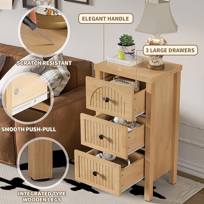 Nightstands Set of 2 Side Table with Fluted Drawers,Mid Century Modern Nightstand,29.33‘’ Tall Wood Bedside Table with 3 Drawer,Narrow Bed Side Table for Bedroom,Small Space,Oak, 2 Piece - Image 4