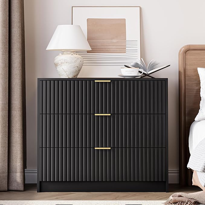 MAISONARIA 3-Piece Dresser Bedroom Set, 6 Drawer Dresser & 3 Drawer Nightstands with Gold Handles, Fluted Wood Chest of Drawers for Bedroom, Living Room, Entryway, Black