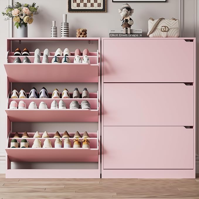 Xixini Shoe Storage Cabinet for Entryway with 3 Flip Drawers, Sturdy Wood Hidden Shoe Storage, Freestanding Narrow Slim Shoe Organizer for Front Door Entrance, Living Room, Hallway, Bedroom, Pink - Image 8
