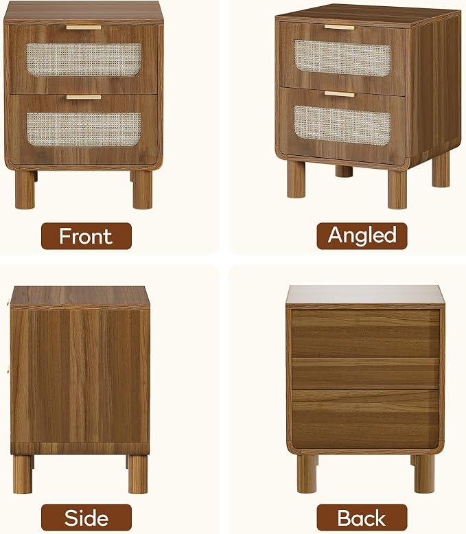 LAZZO Set of 2 Nightstands Wooden Night Stands with Rattan Drawers Home Bedside End Table for Bedroom - Image 9