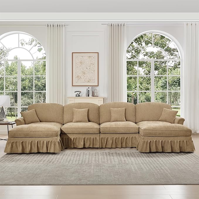 KEIKI Mid Century Modular Sofa with Flared Arms and Skirted Design, 137“ Oversized 4-Seater with 2 Ottomans Luxury Chenille U-Shaped Sectional Couches for Living Room, Chaise Lounge, Light Coffee