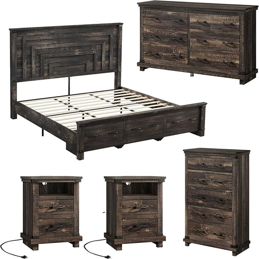 AMERLIFE 5 Pieces Farmhouse Bedroom Set, Includes Rustic King Bed Frame with 54" Tall Headboard, 6 Drawer Dresser, 5 Drawer Tall Chest, Nightstands Set of 2 with Charging Station, Black Oak