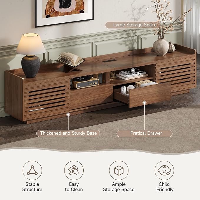 ONBRILL 78.7" TV Stand for TVs Up to 85", Mid-Century Modern Entertainment Center with Sliding Doors and Adjustable Shelves, Media Console TV Cabinet with Drawers for Living Room (Walnut) - Image 5