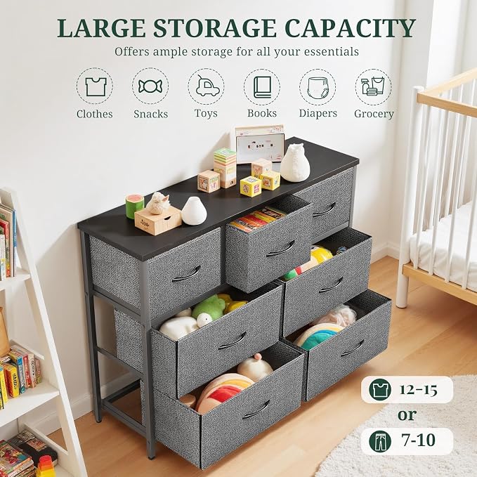 7-Drawer Dresser for Bedroom, Anti-Tip Wide Storage Organizer Fabric Chest of Drawers TV Stand for 45" TV with Wooden Top and Metal Frame for Closet, Living Room, Hallway, Entryway, Gray - Image 5
