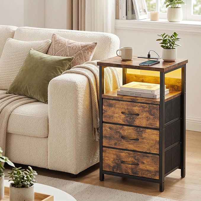 Fixwal Night Stand with Charging Station, LED Nightstand with Fabric Drawers, End Table with PU Finish, Bed Side Table, Rustic Brown - Image 7