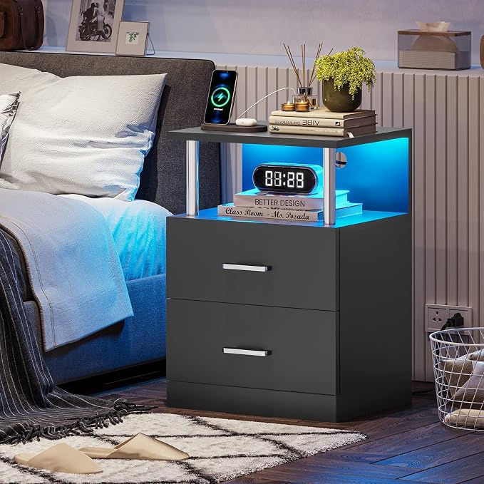 VIAGDO Black Nightstand Set of 2 with Charging Station and USB Ports, LED Night Stand with 2 Drawers, Modern End Side Tables with Open Storage, Bedside Tables for Bedroom, Office - Image 2