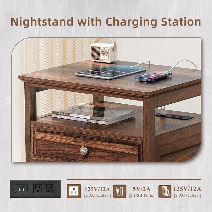 Joaxswe Farmhouse Nightstand with Charging Station, 24" Wide End Table with 2 Drawers,Brown Dresser for Bedroom, Bed Side Table Chest of Drawers Cabinet,Wood Night Stand for Living Room, Closet - Image 6
