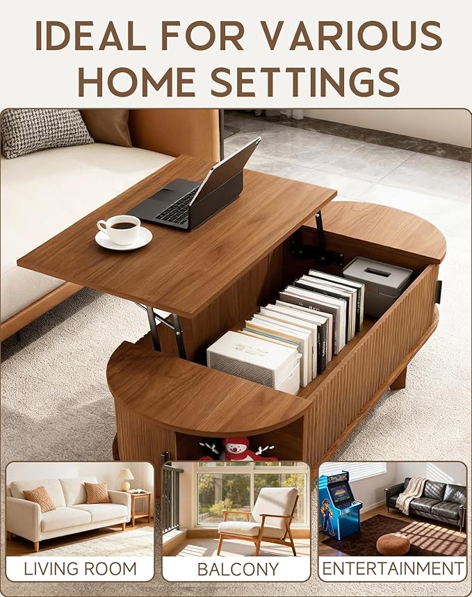 Oval Coffee Table with Storage, 47.2" Fluted Lift Top Coffee Table with 180° Sliding Tambour Door, Mid Century Modern Center Table for Living Room, Office, Cafe, Walnut