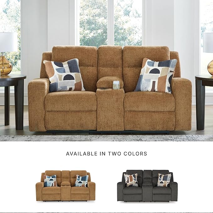 Signature Design by Ashley Kanlow Contemporary Manual Double Reclining Loveseat with Console, Storage, Cup Holders and 2 Accent Pillows, Light Brown