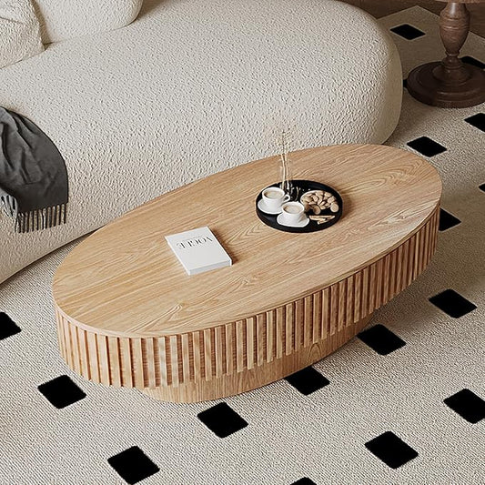 Oval Coffee Table with Storage for Living Room Fluted Pedestal Coffee Table Modern Handcrafted Centre Table for Apartment, Easy Assembly 47.2"x23.6", Oak