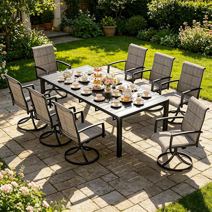 MEOOEM Extendable Outdoor Dining Set for 8, All Weather 8 Person Outdoor Dining Table Set with Highback Swivel Chairs 450LBS, Heavy Duty Expandable 9 Piece Patio Dining Set for Outside, Taupe - Image 2