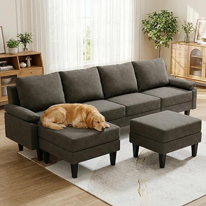 4-Seat U-Shaped Modular Sofa with Double Storage Ottoman - Space-Saving Convertible Lounge Couch for Home & Office, Brown Grey