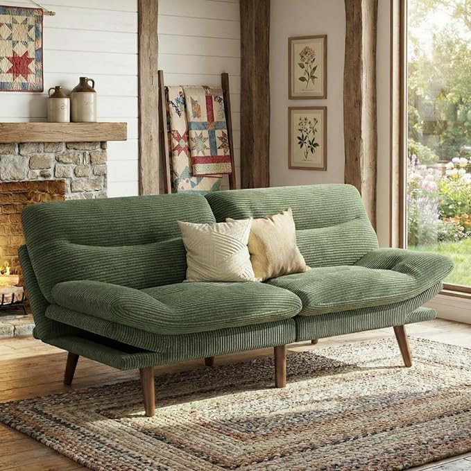 Marsail Futon Sofa Bed, 66” Futon Couch with Adjustable Backrest & Armrests, Convertible Small Sleeper Sofa Bed for Small Apartments, Study Room, Office, Corduroy Loveseat, Olive Green