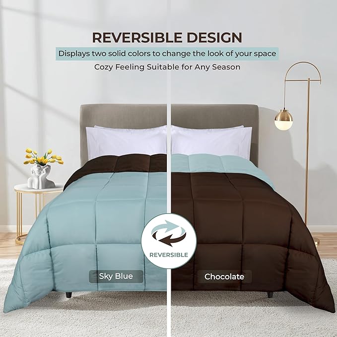 Superior Reversible Down Alternative Comforter, Medium Weight Bedding for All Season Use, Fluffy, Warm, Delicate and Soft Quilt, Bedding Duvet Inserts & Bed Sets, Twin/Twin XL Size, Chocolate Sky Blue
