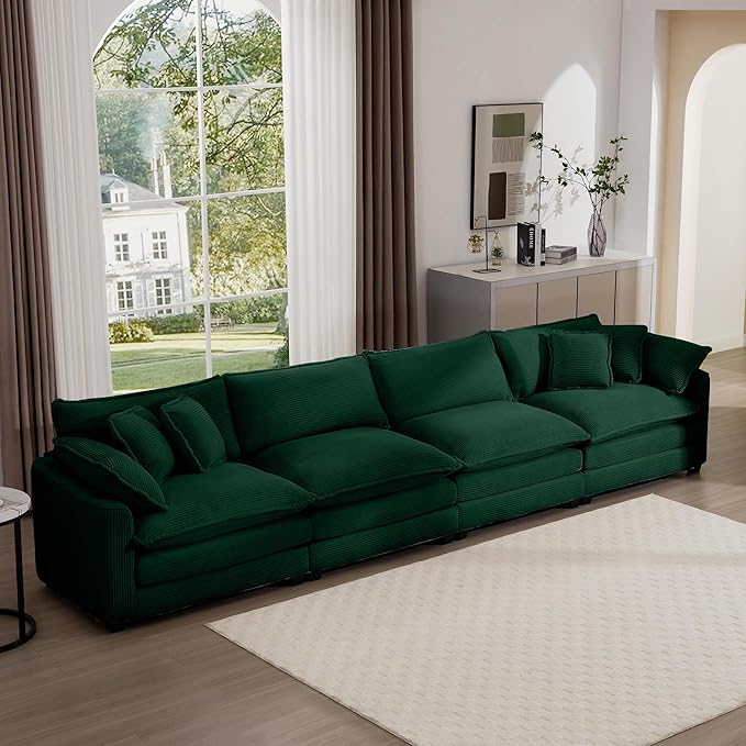 KEIKI 150" Oversized Corduroy Modular Sectional Cloud Sofa with High-Density Foam Cushions, Removable Armrests, Upholstered Modern 4-Seater Fluffy Corner Couch with 6 Pillow, for Living Room, Green