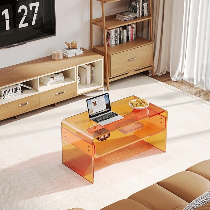 Acrylic Coffee Table, Orange Rectangle Side Table Furniture, Modern Tea Table with Open Storage for Living Room, Office Reception and Bedroom