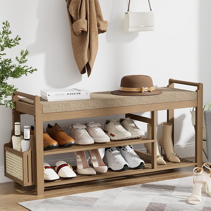 Homaxy 2-Tier Shoe Rack Bench with Side Holder, 39.4 in Bamboo Entryway Bench, Shoe Rack Organizer with Cushion for Front Entrance, Hallway Living Room Bedroom, Walnut and Light Brown by Homaxy