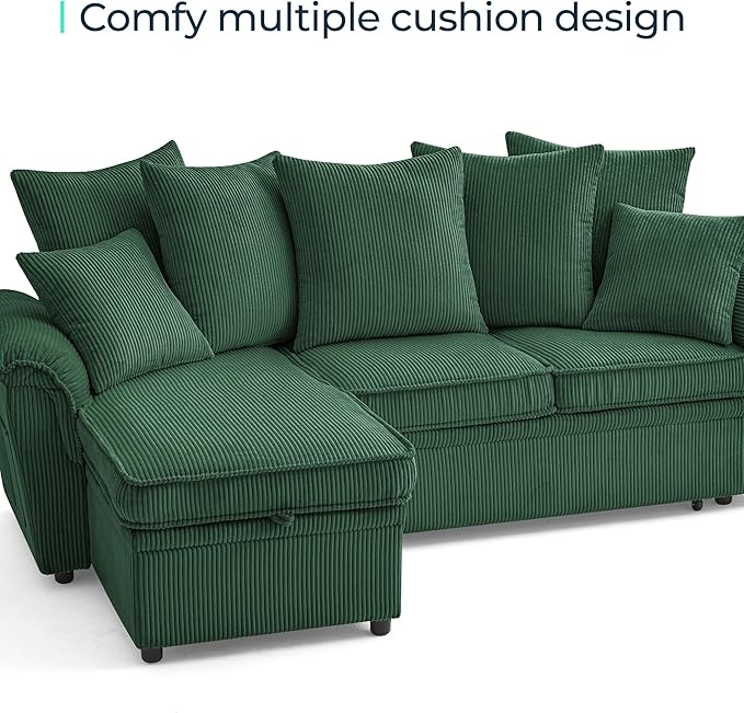 LINSY HOME Sectional Loveseat Sofa with Pull Out Chaise (Green, 62.5'') | USB Charging, Pillow-style Armrest, Multiple Cushions, Side Storage Pockets, Corduroy Fabric
