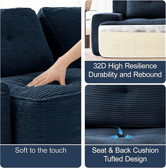 Casaphoria 150'' Corduroy Cloud Couch, 4-Seat L-Shaped Sectional Sofa with 4 Pillows & Ottoman for Living Room, Deep Seat Boneless Couch for Modern Apartment, No Assembly Required, Blue