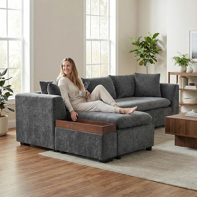 93.7" L-Shaped Sectional Sofa with Storage Chaise, Modern Couch for Living Room, Chenille Upholstered Couch with Deep Seats & Throw Pillows, Modern Corner Sofa for Living Room, Brown